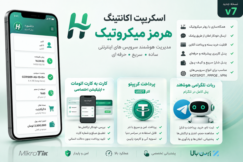 اکانتینگ اینترنت هرمز میکروتیک مدیریت شبکه های PPP , HOTSPOT با سرویس پیامکی و پرداخت آنلاین + اپ اختصاصی پرداخت